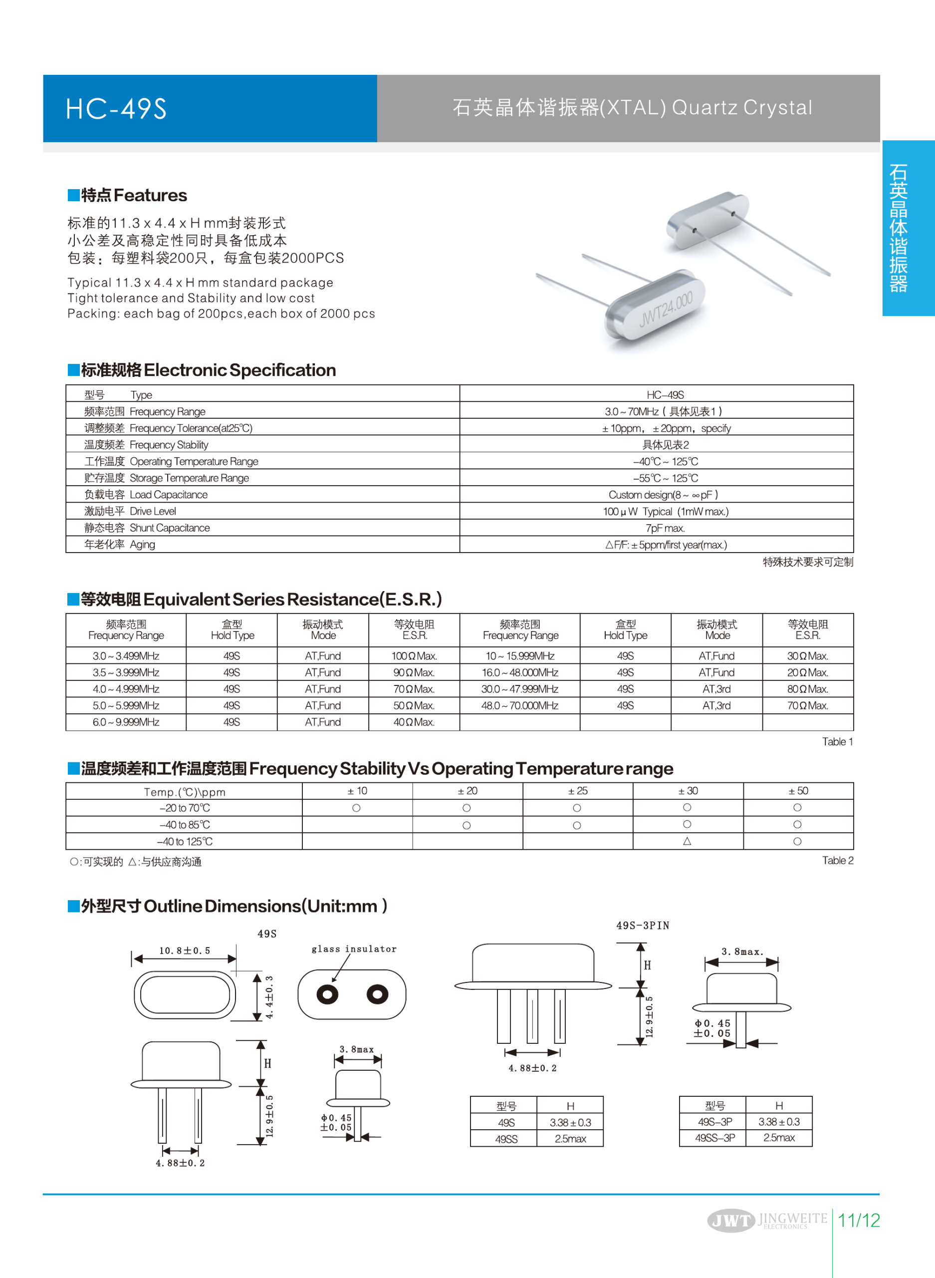 HC-49S 贴片晶体谐振器规格书预览
