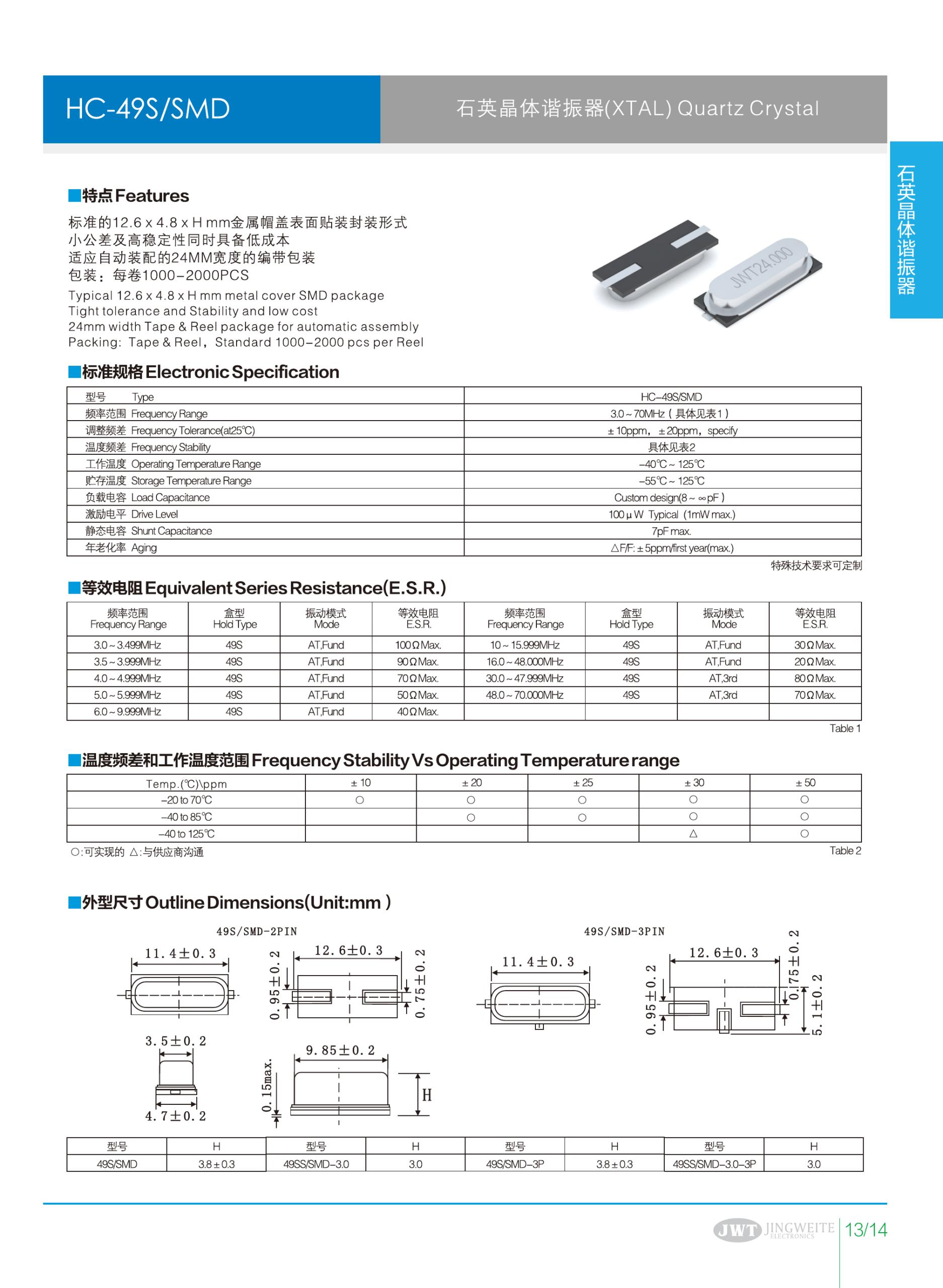 HC-49S/SMD 贴片晶体谐振器规格书预览