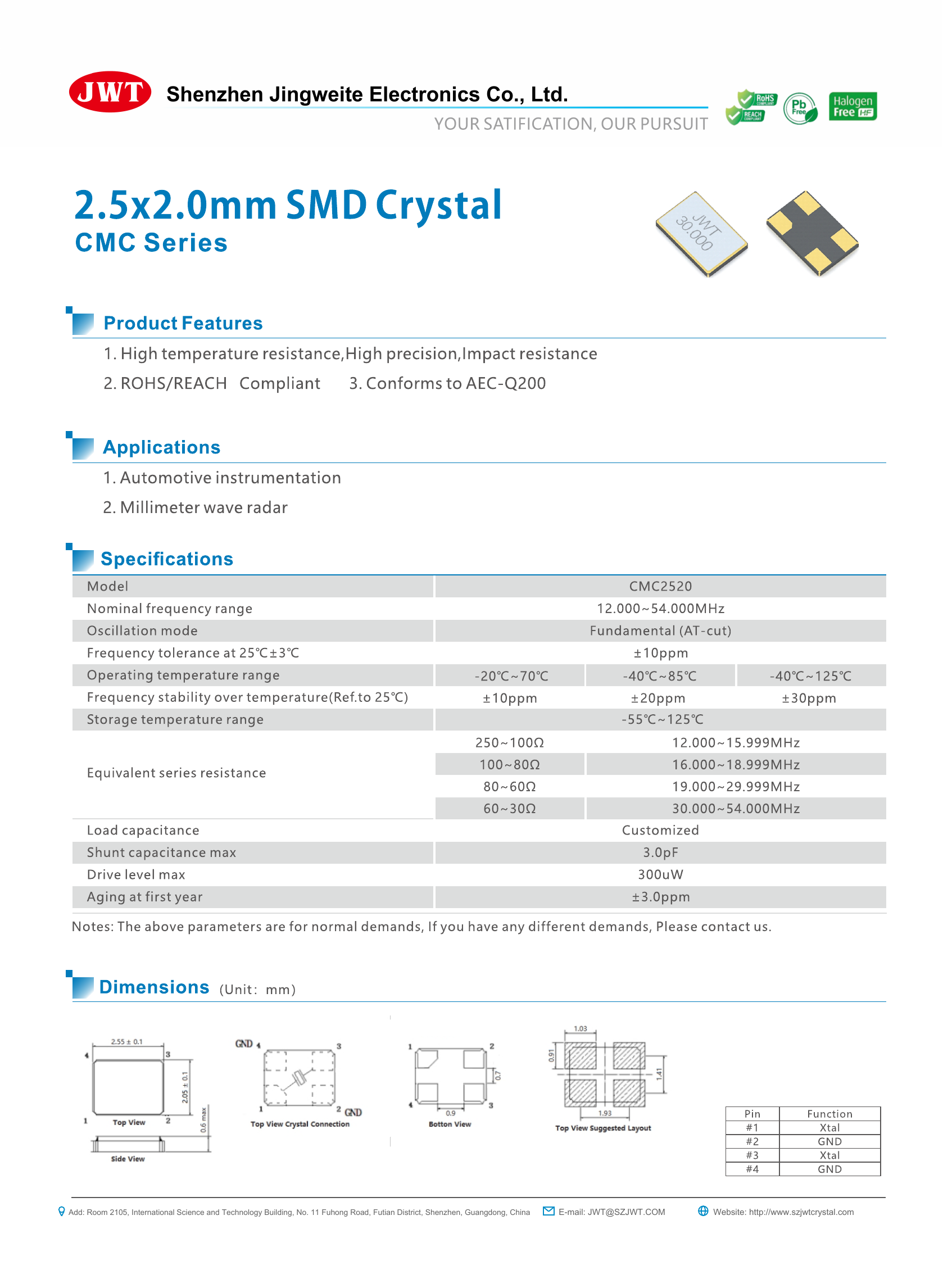 CMC2520 AEC-Q200车规级贴片晶体谐振器规格书预览